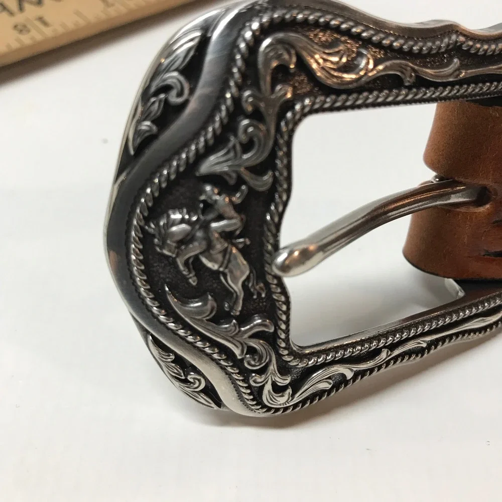 Kids‎ Western Tony Llama Tooled Leather Belt Brown Black Silver Buckle Floral